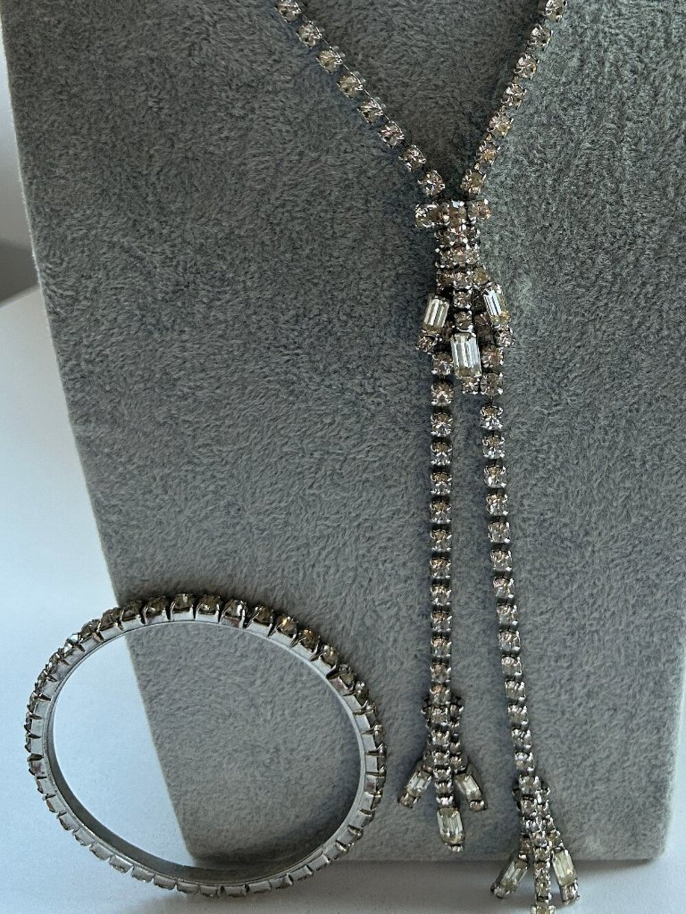 Vintage Rhinestone Crystal Y-Drop Necklace, Drop Earrings & Bangle Bracelet